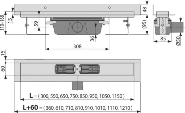 Водоотводящий желоб Alcaplast APZ16 Wall, для перфорированной решетки, с фиксированным воротником к