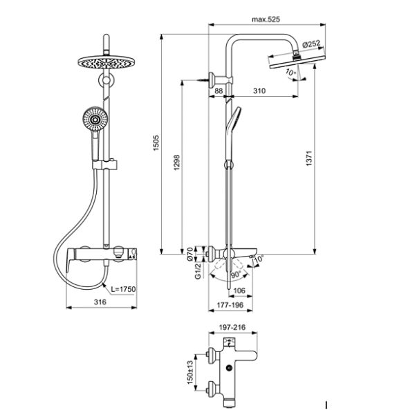 Душевая колонна Ideal Standard IdealRain Eco SL с настенным смесителем для ванны/душа Connect (B2267