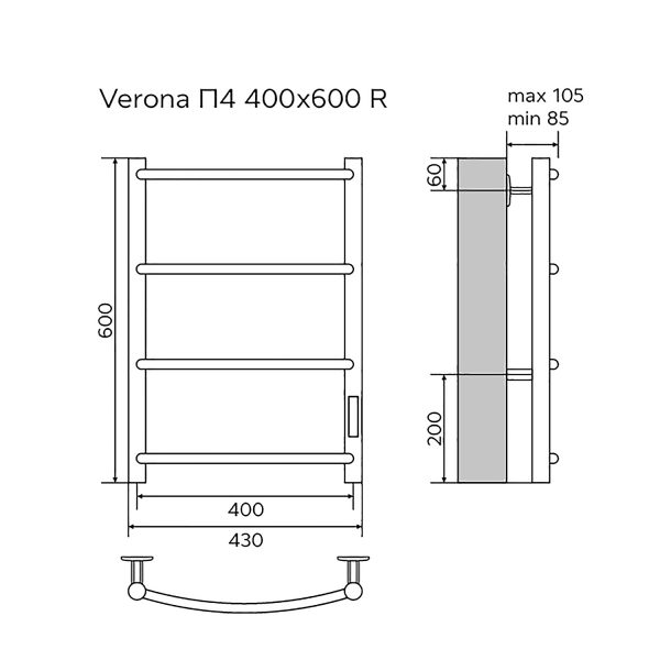 Полотенцесушитель электрический AZARIO VERONA 400/600 4 секции, диммер справа, хром