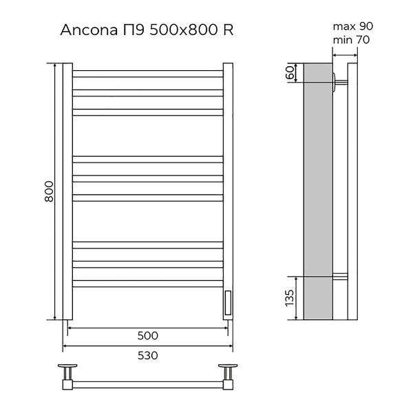 Полотенцесушитель электрический AZARIO ANCONA 500/800 квадрат, 9 секций, диммер справа, черный (AZ71