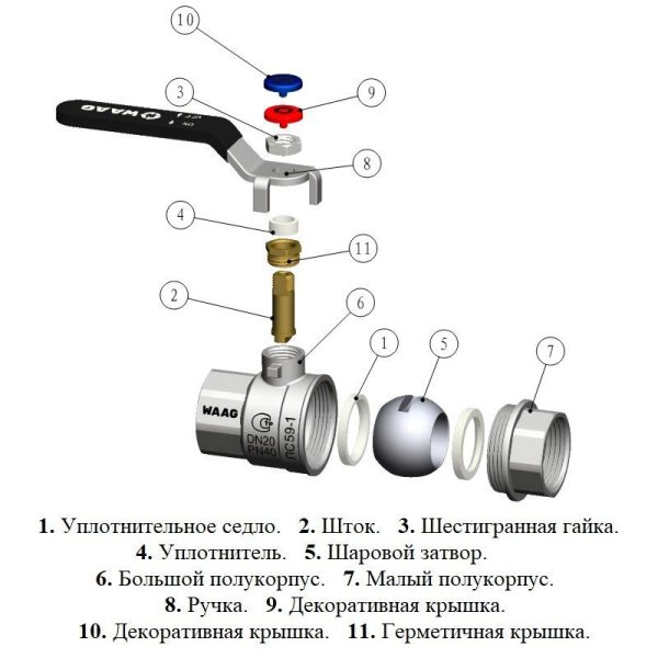 Кран шаровой резьб. 3/4", PN40, WAAG, латунь, вн.р.- вн.р., с рычагом