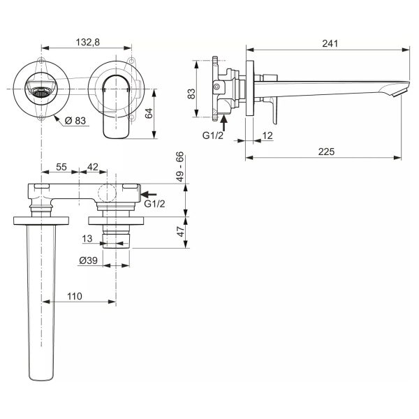 Смеситель для раковины Ideal Standard CONNECT AIR настенный, с излтвом, керамический картридж, шлифо