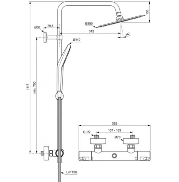 Душевая система Ideal Standard Ceratherm T50 термостатиченский картридж, хром (A7565AA)