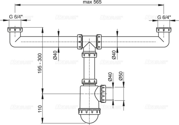 Сифон для сдвоенной мойки Alcadrain с накидными гайками 6/4" (A448-DN50/40)