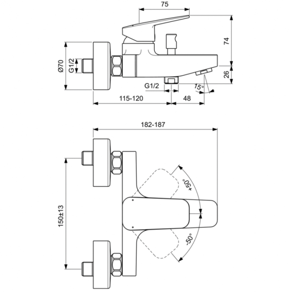 Смеситель для ванны Ideal Standard CERAPLAN настенный, черный матовый (BD256XG)