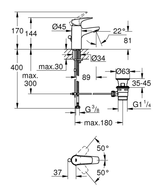 Смеситель для раковины GROHE BauFlow с донным клапаном, S-Size, хром (23751000)