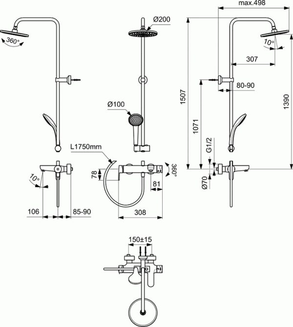 Душевая система Ideal Standard IDEALRAIN CERAFINE O смеситель керамический картридж, хром (BC749AA)