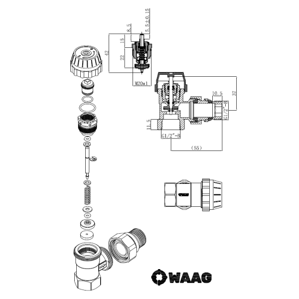 Клапан термостатический 1/2", PN10, WAAG, угловой