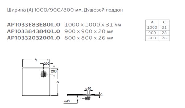 Душевой поддон Roca TERRAN 900x900 с сифоном и решеткой, черный (AP10338438401400)