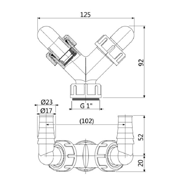 Колено Alcadrain с двумя штуцерами G1"/17–23, с обратными клапанами (P148Z)