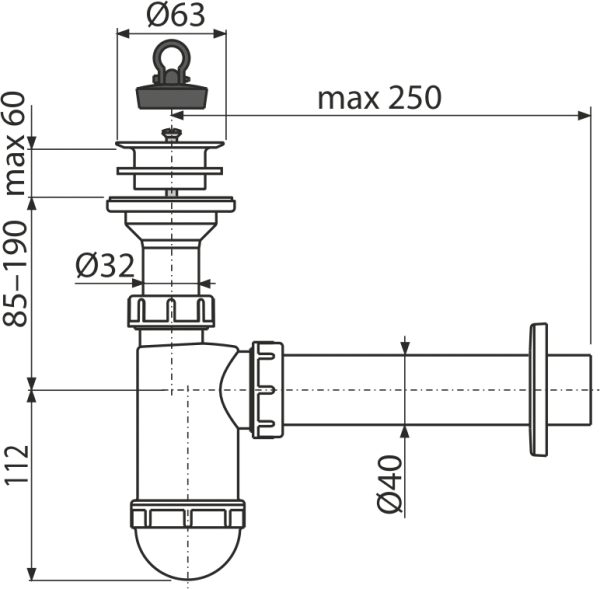 Сифон для раковины Alcadrain DN40 с пластмассовой peшeткой DN63 (A42)