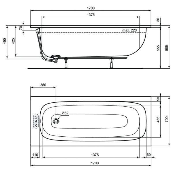 Промо-набор Ideal Standard 4 в 1: Ванна акриловая 170х70см, ножки, фронтальная панель, крепеж для фр