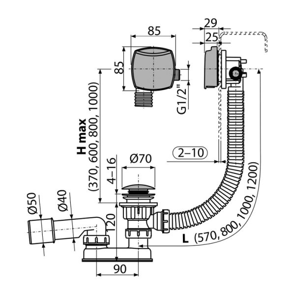 Сифон Alcadrain для ванны, CLICK/CLACK, с напуском воды через перелив, хром (A508CKM-100)