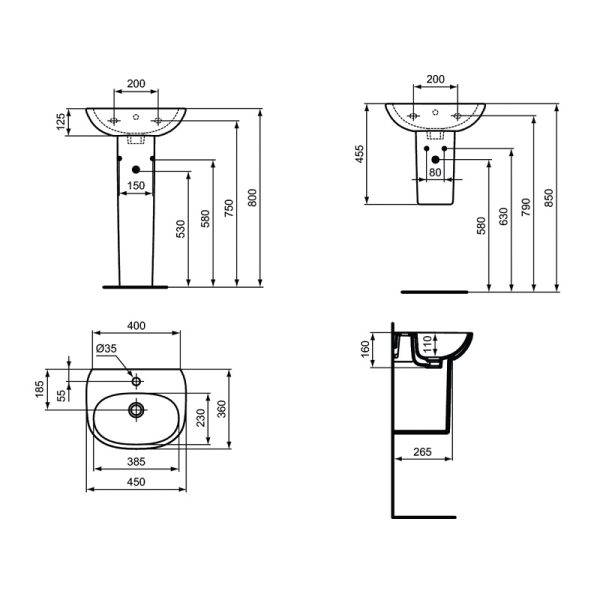 Раковина Ideal Standard TESI для рук 45, тонкий бортик, белая