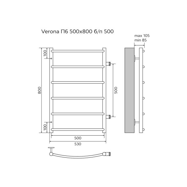 Полотенцесушитель водяной AZARIO VERONA 500/800 6 секций, боковое подключение, 1", хром (AZ04558)