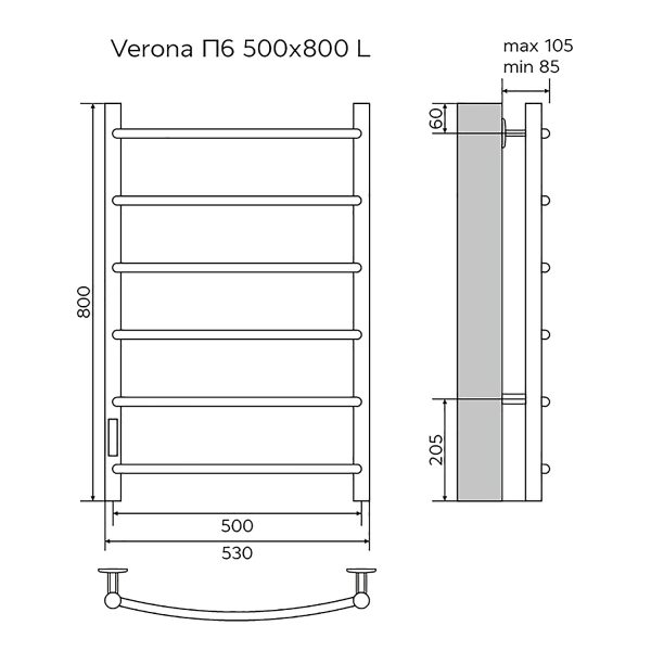 Полотенцесушитель электрический AZARIO VERONA 500/800 6 секций, диммер слева, хром