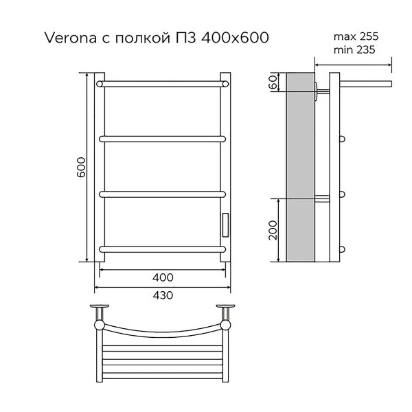 Полотенцесушитель электрический AZARIO VERONA 400/600 3 секции, с полкой, диммер справа, хром (AZ048