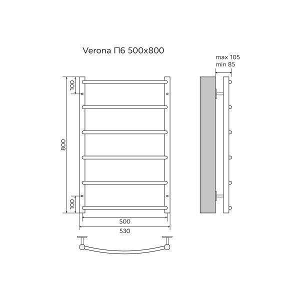 Полотенцесушитель водяной AZARIO VERONA 500/800 6 секций, нижнее/диагональное подключение, 1/2", хро