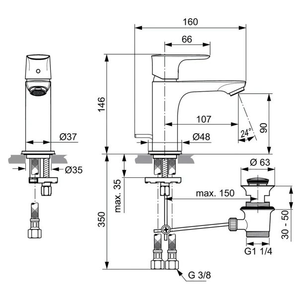 Смеситель для раковины Ideal Standard Connect Air с донным клапаном, серый матовый