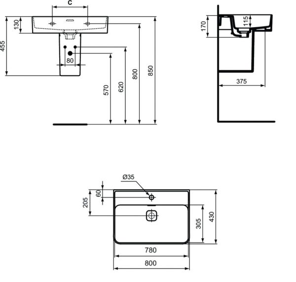 Раковина Ideal Standard STRADA II 800х430х130 накладная, 1 отверстие под смеситель