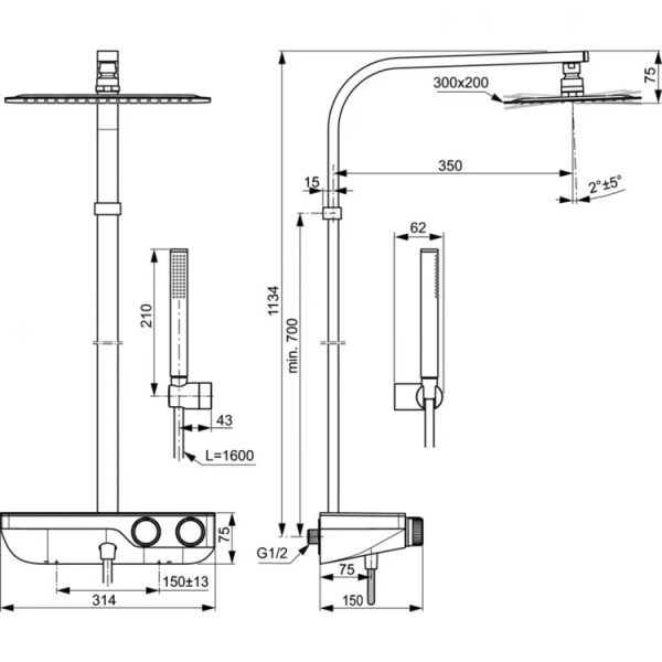 Душевая система Ideal Standard CERATHERM S200 термостатический смеситель, хром (A7332AA)