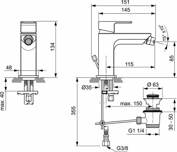 Смеситель для биде Ideal Standard Edge керамический картридж, с донным клапаном, хром (A7118AA)