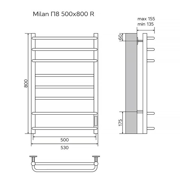 Полотенцесушитель электрический AZARIO MILAN 500/800 8 секций, диммер справа, черный (AZ90858B)