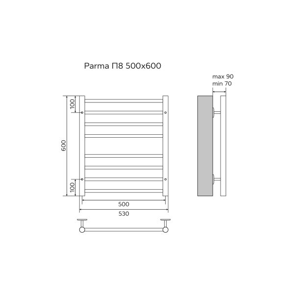 Полотенцесушитель водяной AZARIO PARMA 500/600 8 секций, нижнее/диагональное подключение, 1/2", хром