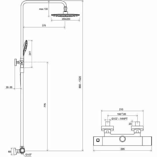 Душевая система Ravak 10° Free TD F 091.00/150 с термостатом, хром (X070141)