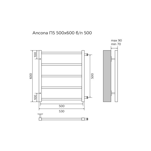 Полотенцесушитель водяной AZARIO ANCONA 500/600 квадрат, 5 секций, боковое подключение, 3/4", хром (