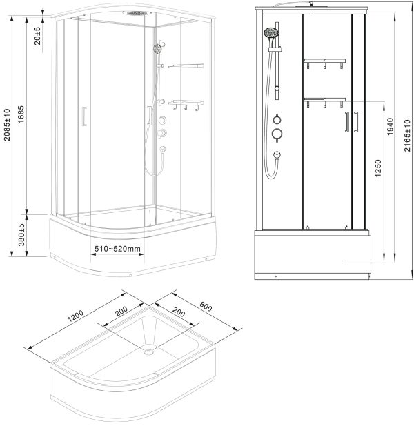 Душевая кабина Loranto NEO 120x80x(170+38) правая, с высоким поддоном 38см, прозрачное закаленное ст