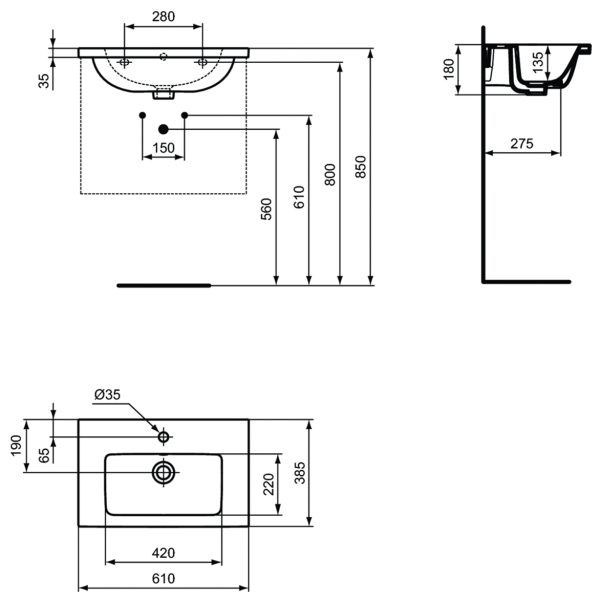 Раковина подвесная Ideal Standard i.life S Vanity 61x39 с отверстием под смеситель, белый (T459001)