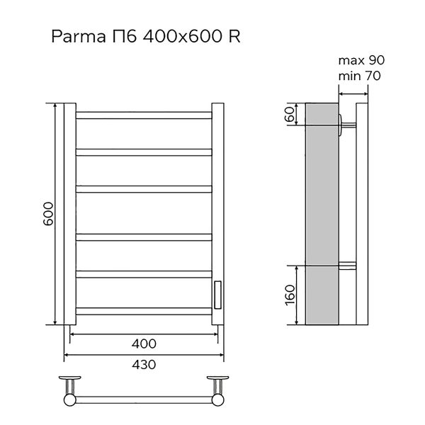 Полотенцесушитель электрический AZARIO PARMA 400/600 6 секций, диммер справа, черный