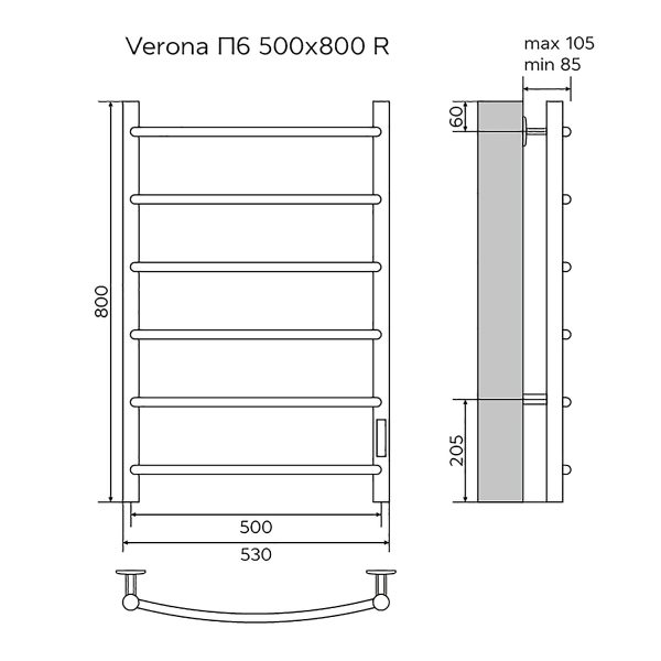 Полотенцесушитель электрический AZARIO VERONA 500/800 6 секций, диммер справа, белый