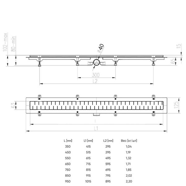 Душевой лоток AZARIO D40 Medium 650 мм, боковой слив, пластиковый, перфорированная решетка, черный