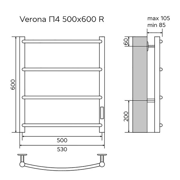 Полотенцесушитель электрический AZARIO VERONA 500/600 4 секции, диммер справа, черный (AZ04856B)