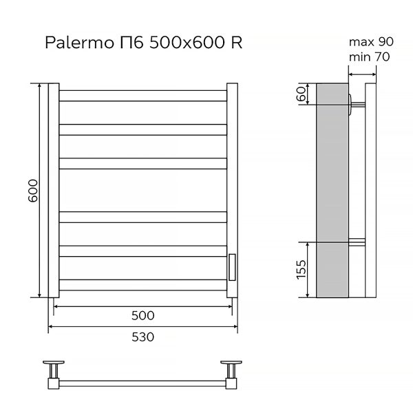 Полотенцесушитель электрический AZARIO PALERMO 500/600 квадрат, 6 секций, диммер справа, черный AZ8