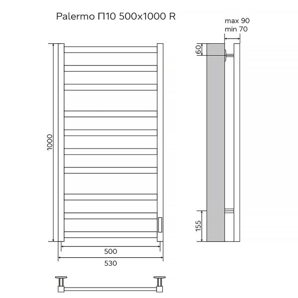 Полотенцесушитель электрический AZARIO PALERMO 500/1000 квадрат, 10 секций, диммер справа, черный A