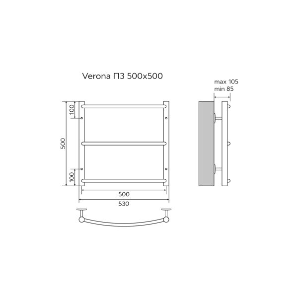 Полотенцесушитель водяной AZARIO VERONA 500/500 3 секции, нижнее/диагональное подключение, 1/2", хро