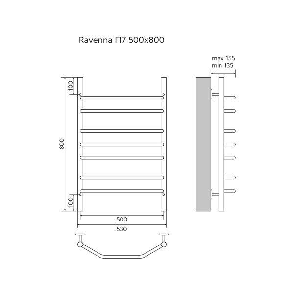 Полотенцесушитель водяной AZARIO RAVENNA 500/800 7 секций, нижнее/диагональное подключение, 1/2", хр