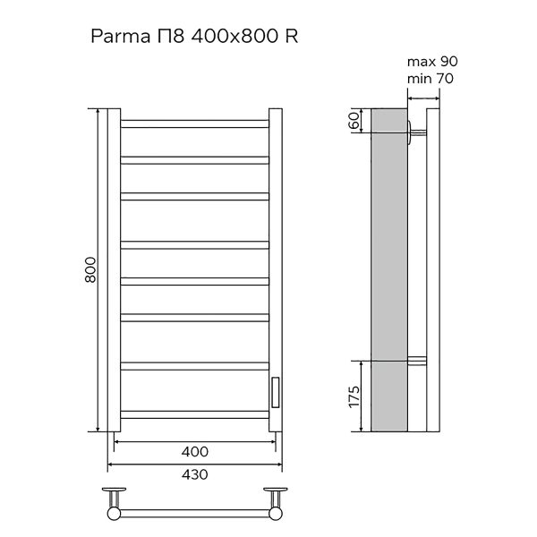 Полотенцесушитель электрический AZARIO PARMA 400/800 8 секций, диммер справа, хром