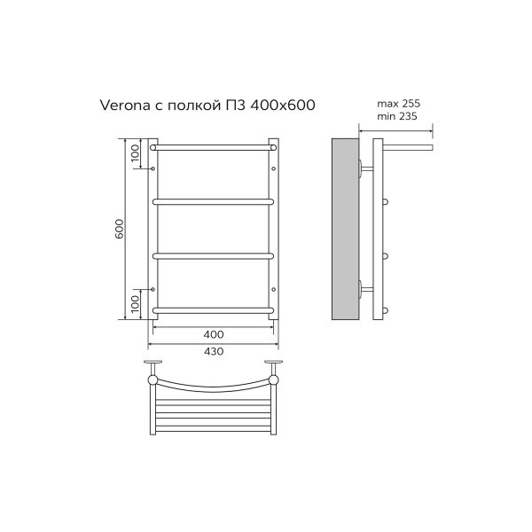 Полотенцесушитель водяной AZARIO VERONA 400/600 с полкой, 3 секции, нижнее/диагональное подключение,