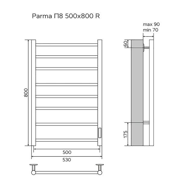 Полотенцесушитель электрический AZARIO PARMA 500/800 8 секций, диммер справа, белый