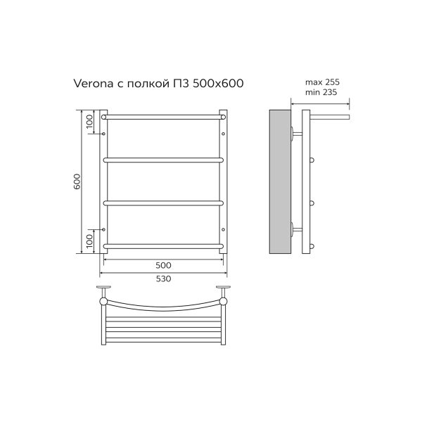 Полотенцесушитель водяной AZARIO VERONA 500/600 с полкой, 3 секции, нижнее/диагональное подключение,