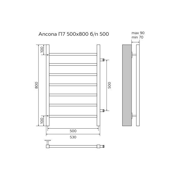 Полотенцесушитель водяной AZARIO ANCONA 500/800 квадрат, 7 секций, боковое подключение, 3/4", хром