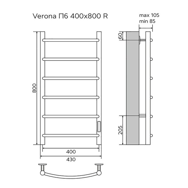 Полотенцесушитель электрический AZARIO VERONA 400/800 6 секций, диммер справа, хром