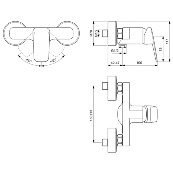 Смеситель для душа Ideal Standard CERAPLAN настенный, черный матовый