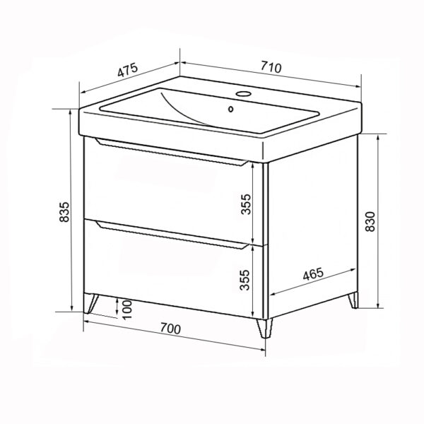 Комплект Тумба Azario LOTOS 70/2 Н 710х475х835 напольная с раковиной Monte 70