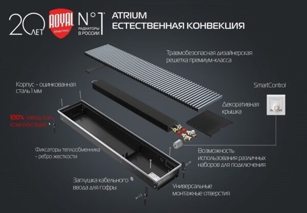 Конвектор водяной Royal Thermo ATRIUM DG-U-NA 90/200/1400, решетка алюминий 431 Вт