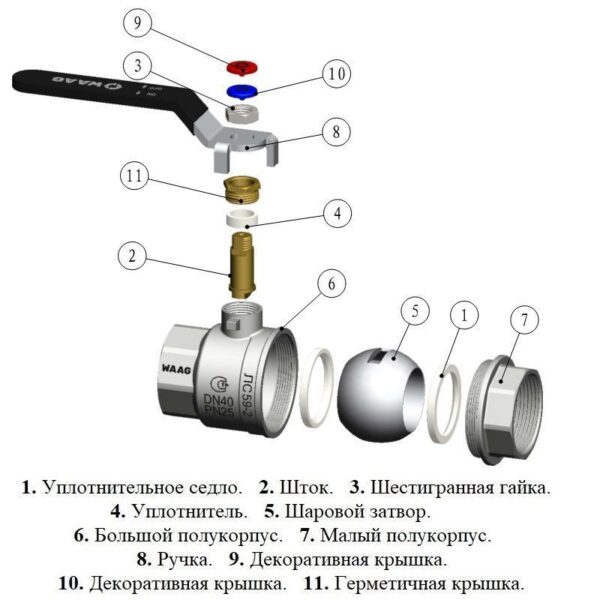 Кран шаровой резьб. 1 1/2", PN25, WAAG, латунь, вн.р.- вн.р., с рычагом